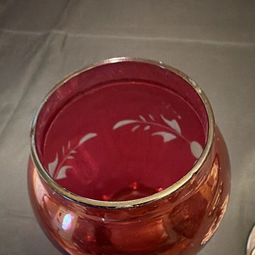Godinger Red Glass Floral Vase, Scalloped Rim, Etched Design, Silver Base